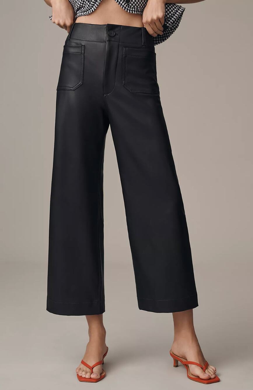 Maeve Anthropologie Trouser Pants 33 Colette Black Vegan Leather Crop Wide Leg